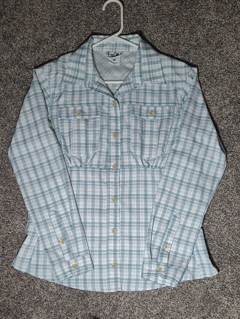 Rugged Exposure vented Trail Hiking Shirt Plaid Teal Green, Size Medium